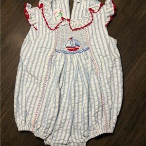 Shrimp and Grits Striped Baby Romper with Sailboat Embroidery